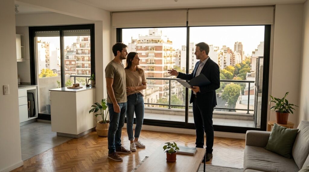Departamentos en venta en CABA: el ticket más vendido 2026, hasta US$ 120.000 2 Departamentos en venta en CABA: pareja visita un departamento con un asesor inmobiliario. Ticket mas vendido 2026