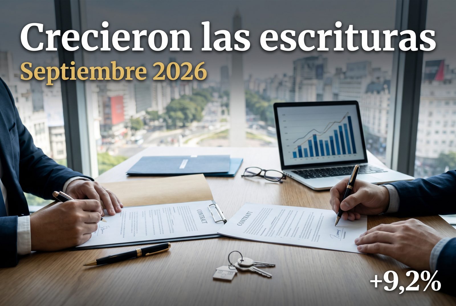Escrituras septiembre 2026 CABA: firma de escrituras de compraventa con gráfico de crecimiento del 9,2%